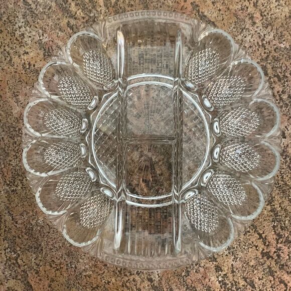 Deviled Boiled Egg Vintage Textured Beaded Separated Glass Tray Serving Platter - Picture 1 of 3